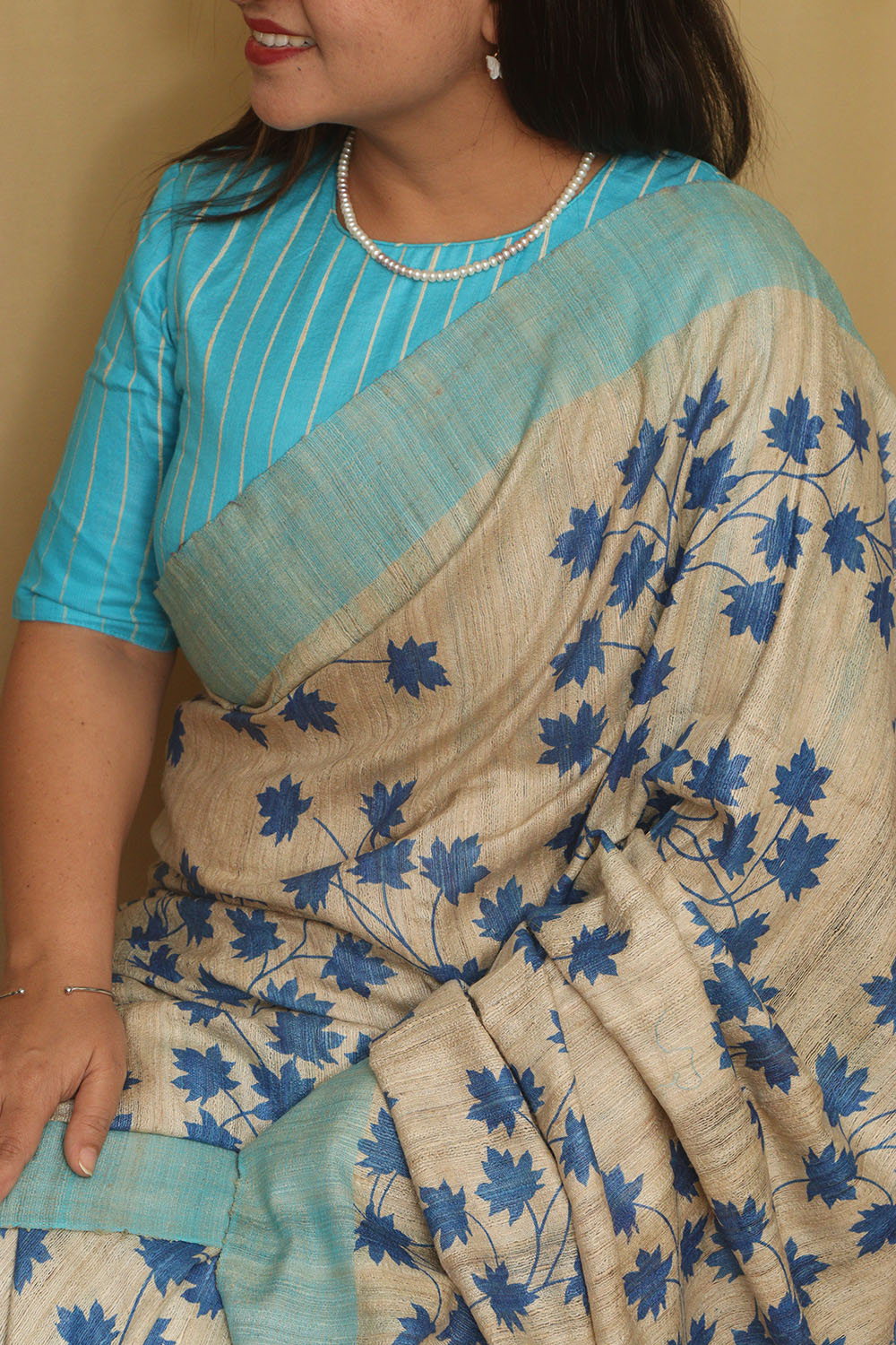 Pastel Bhagalpur Pure Ghicha Tussar Silk Block Printed Saree - Luxurion World