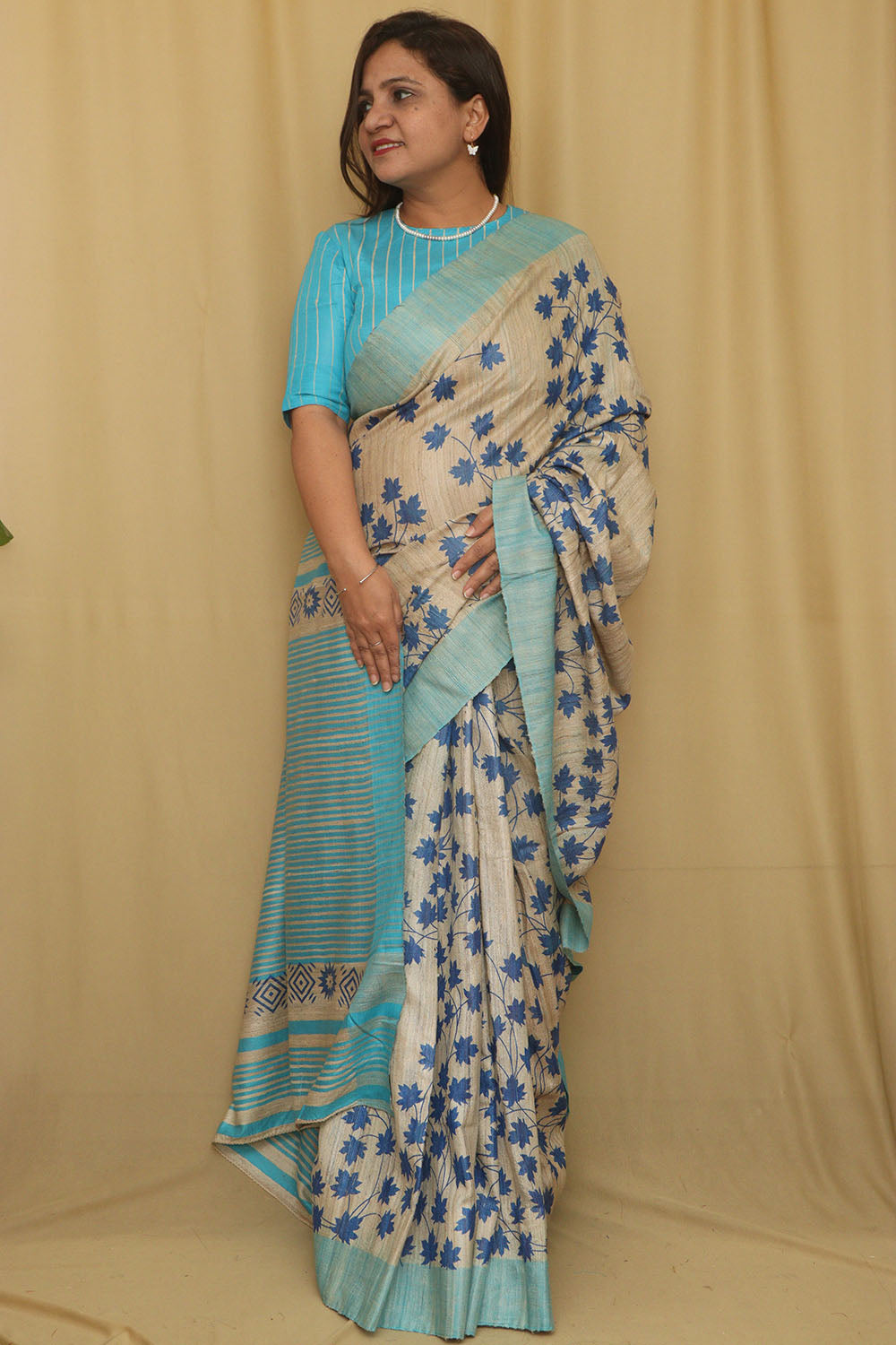 Pastel Bhagalpur Pure Ghicha Tussar Silk Block Printed Saree - Luxurion World