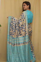 Pastel Bhagalpur Pure Ghicha Tussar Silk Block Printed Saree - Luxurion World