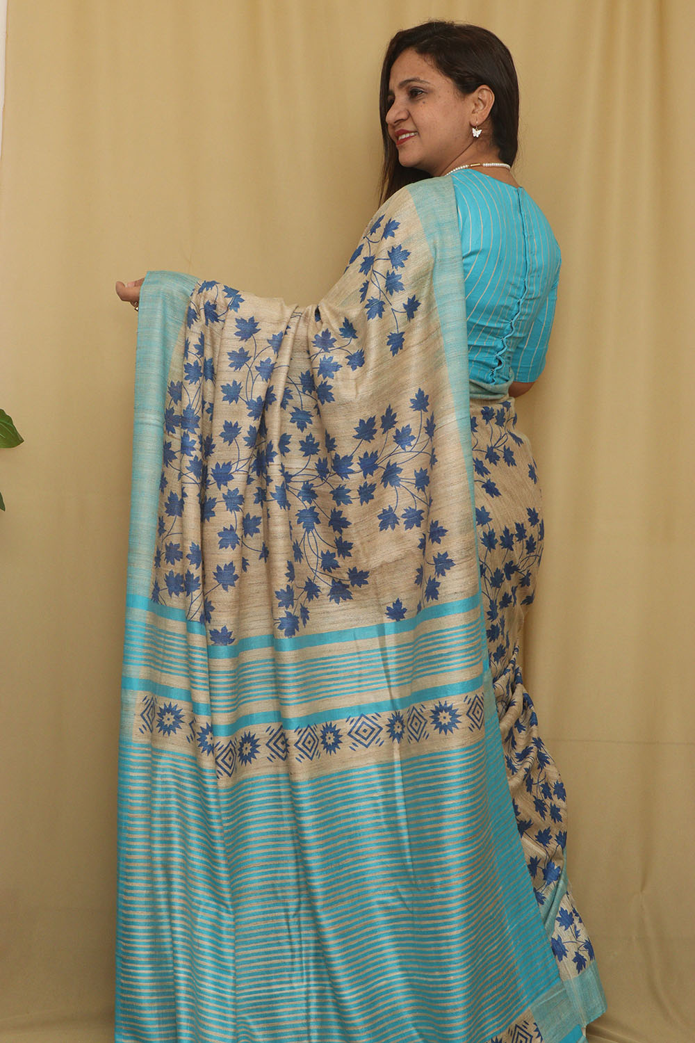 Pastel Bhagalpur Pure Ghicha Tussar Silk Block Printed Saree - Luxurion World