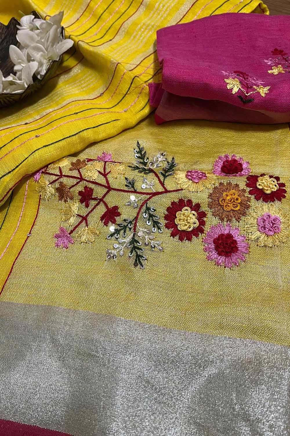 Yellow And Pink Pure Linen French Knot Embroidered Saree - Luxurion World