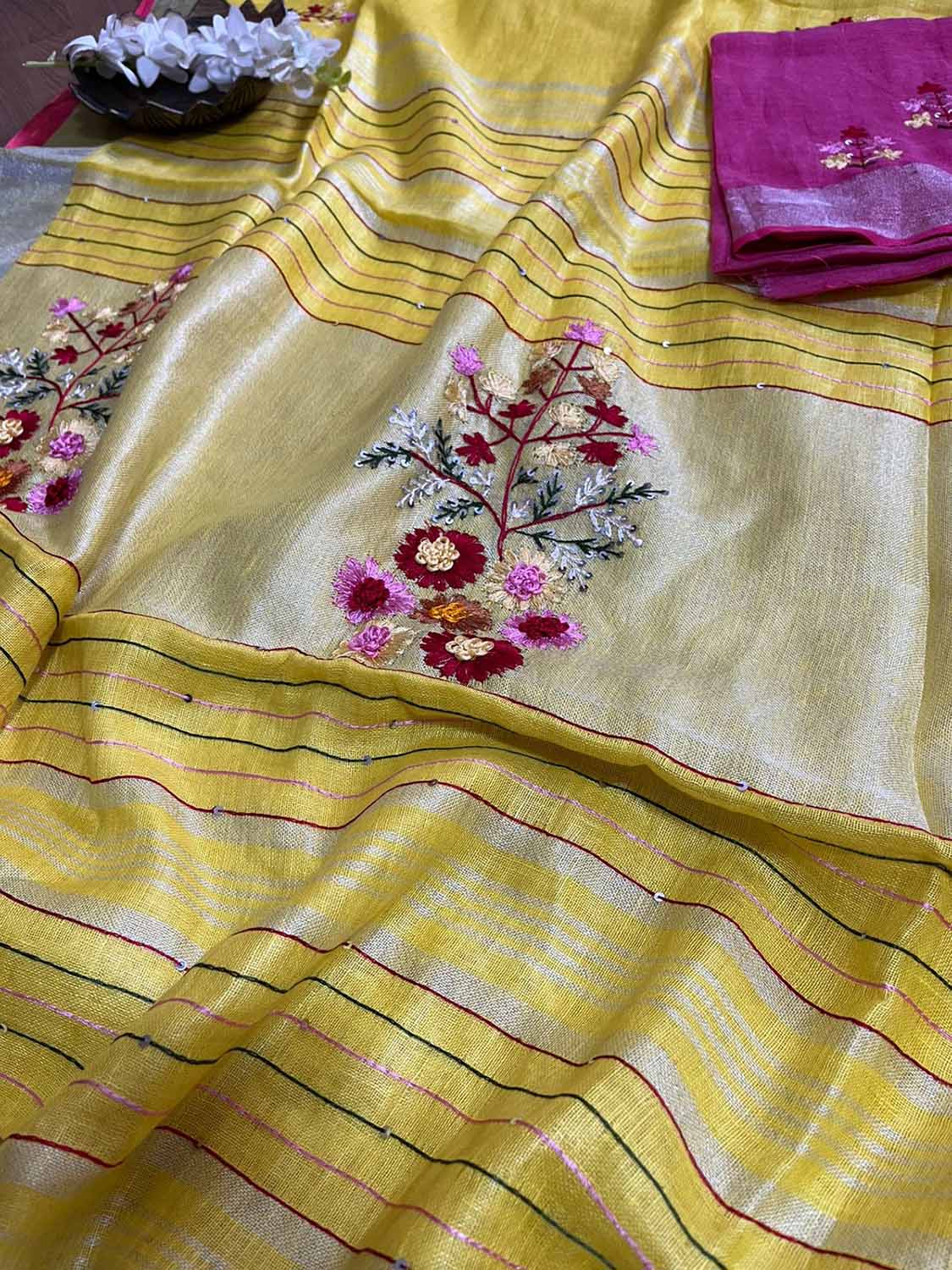 Yellow And Pink Pure Linen French Knot Embroidered Saree - Luxurion World