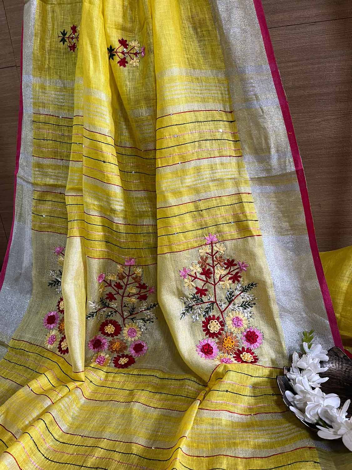 Yellow And Pink Pure Linen French Knot Embroidered Saree - Luxurion World