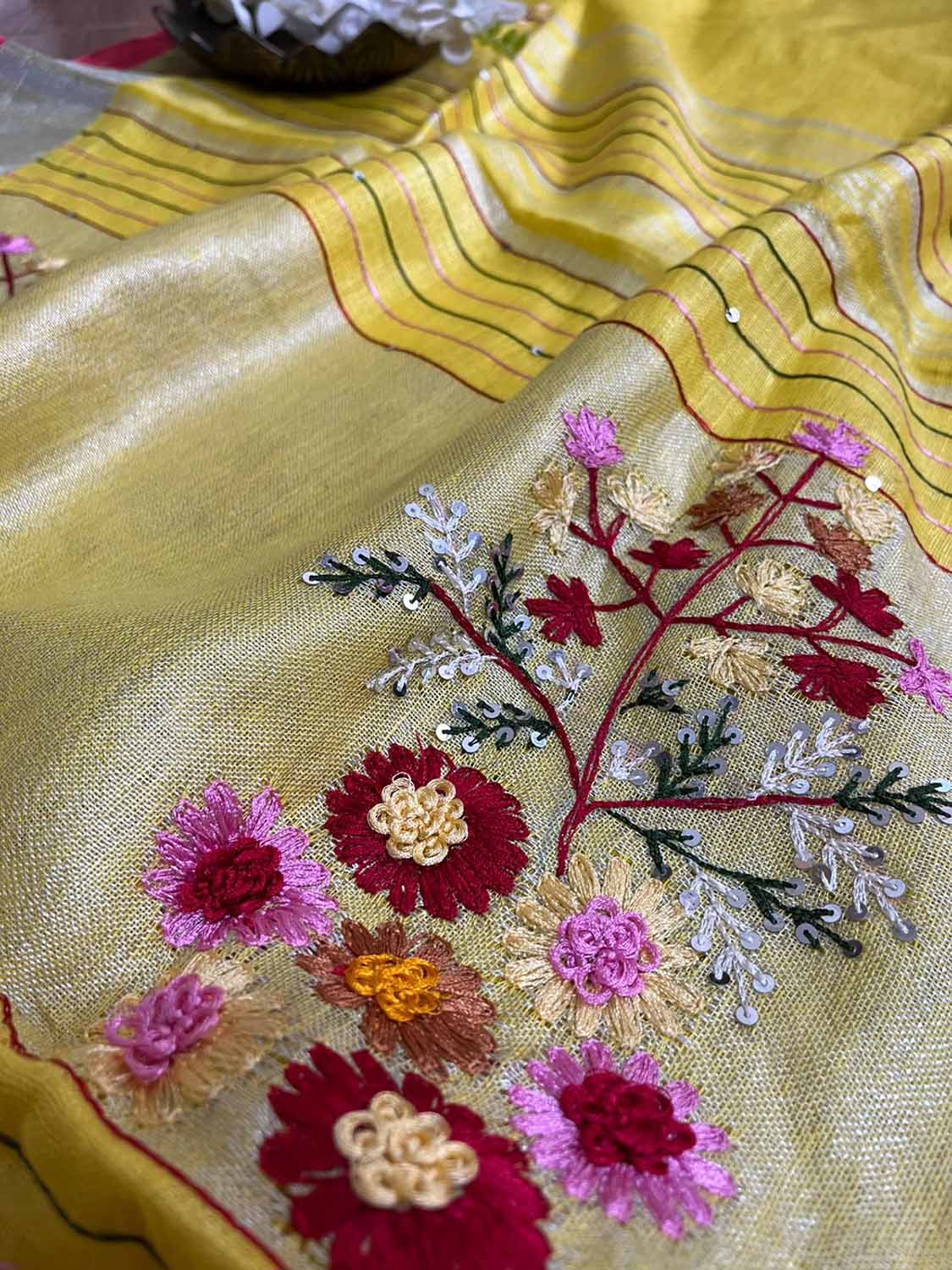 Yellow And Pink Pure Linen French Knot Embroidered Saree - Luxurion World