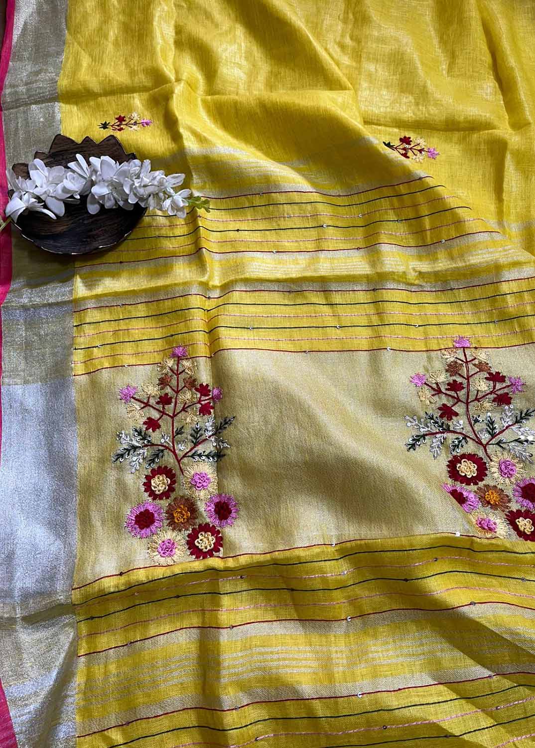 Yellow And Pink Pure Linen French Knot Embroidered Saree - Luxurion World