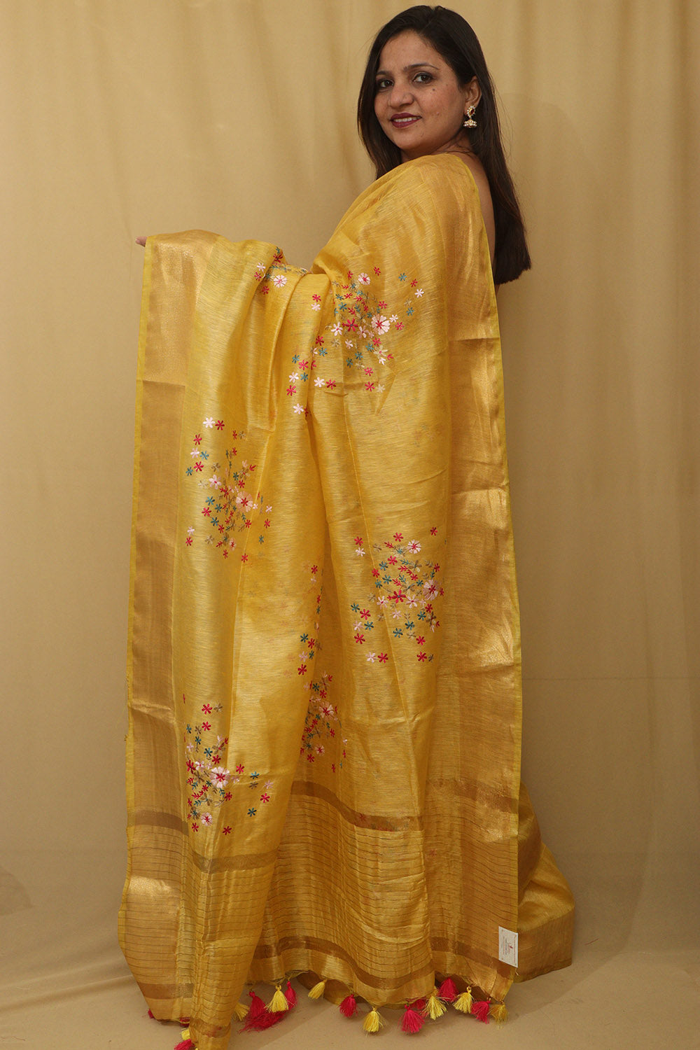 Sunshine Elegance: Yellow Pure Linen Silk Embroidered Saree - Luxurion World