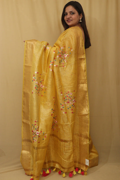 Sunshine Elegance: Yellow Pure Linen Silk Embroidered Saree - Luxurion World