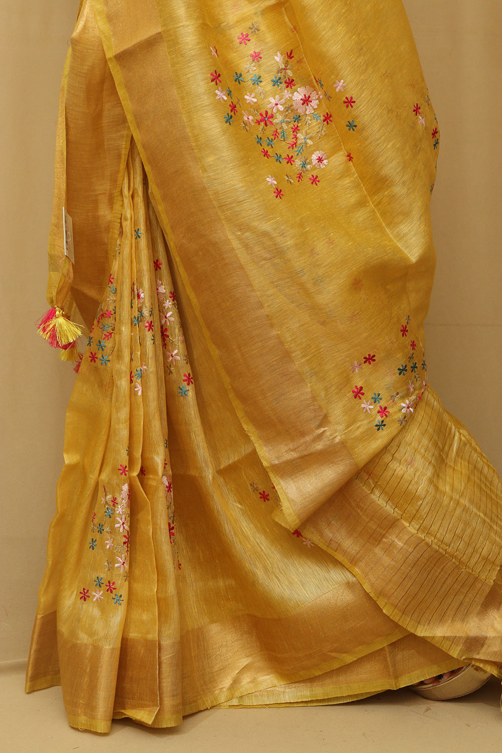 Sunshine Elegance: Yellow Pure Linen Silk Embroidered Saree - Luxurion World