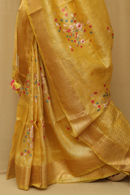 Sunshine Elegance: Yellow Pure Linen Silk Embroidered Saree - Luxurion World