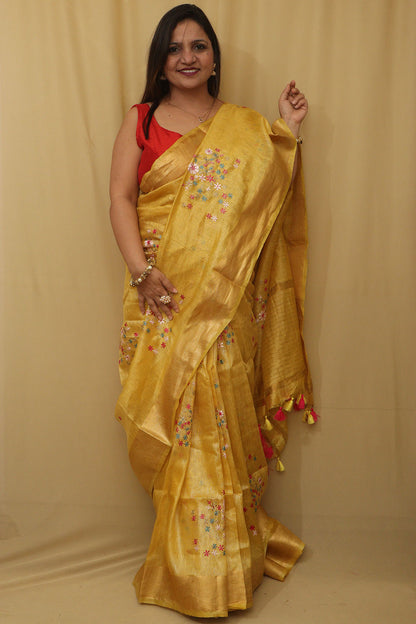 Sunshine Elegance: Yellow Pure Linen Silk Embroidered Saree - Luxurion World