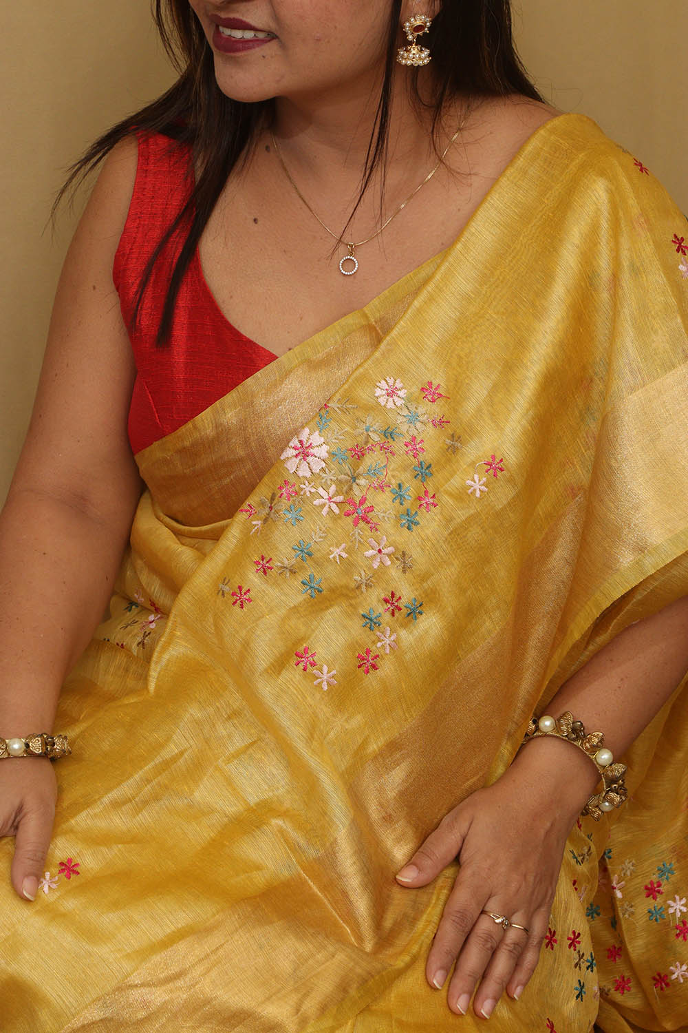 Sunshine Elegance: Yellow Pure Linen Silk Embroidered Saree - Luxurion World