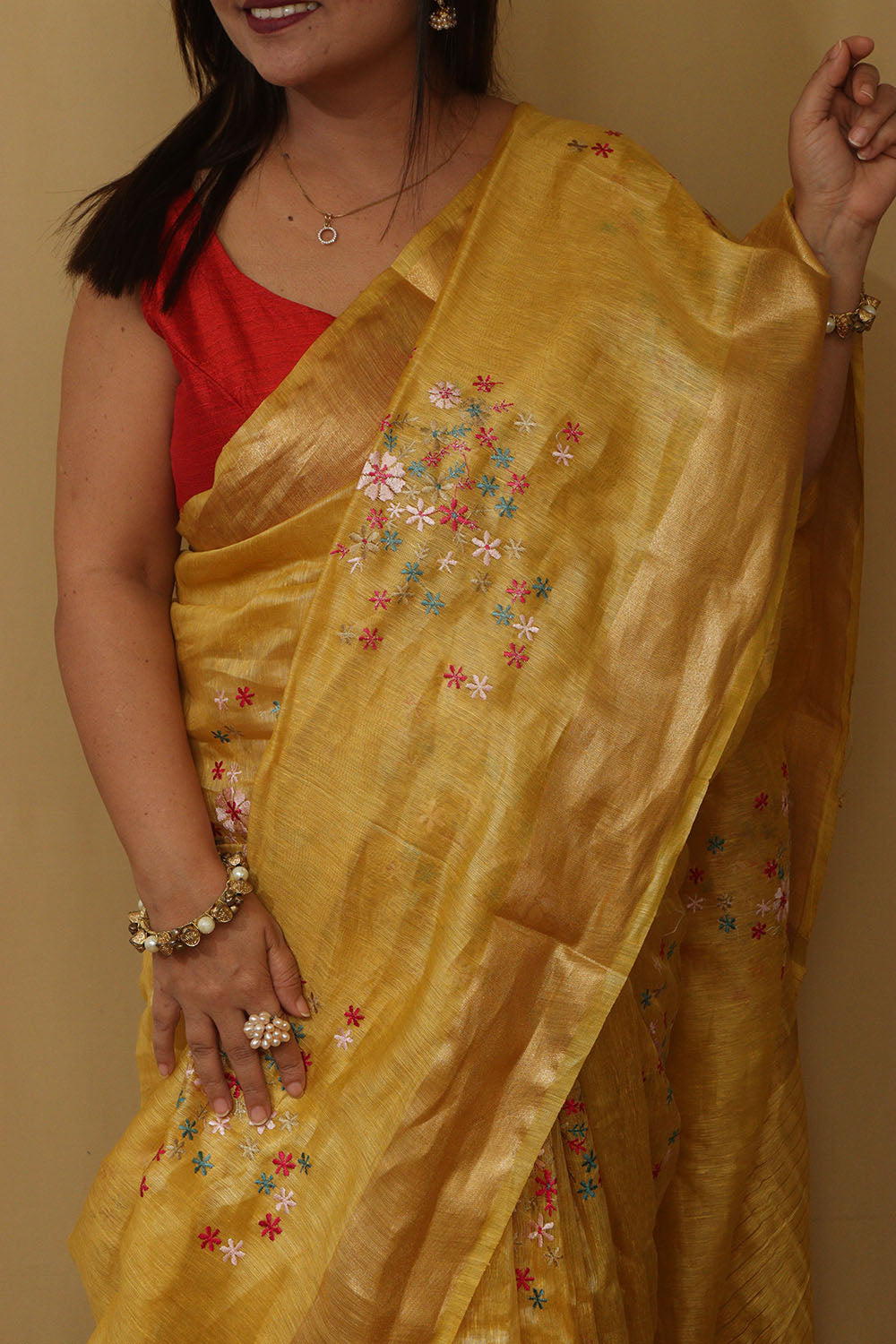 Sunshine Elegance: Yellow Pure Linen Silk Embroidered Saree - Luxurion World