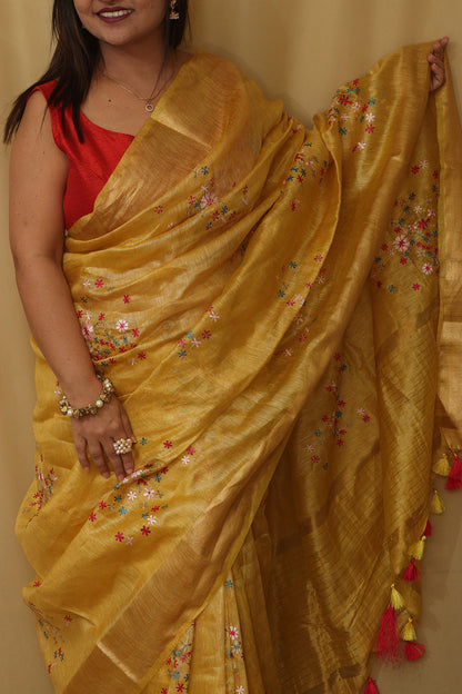 Sunshine Elegance: Yellow Pure Linen Silk Embroidered Saree - Luxurion World