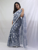 Stylish Blue Block Printed Cotton Saree for Elegant Look - Luxurion World