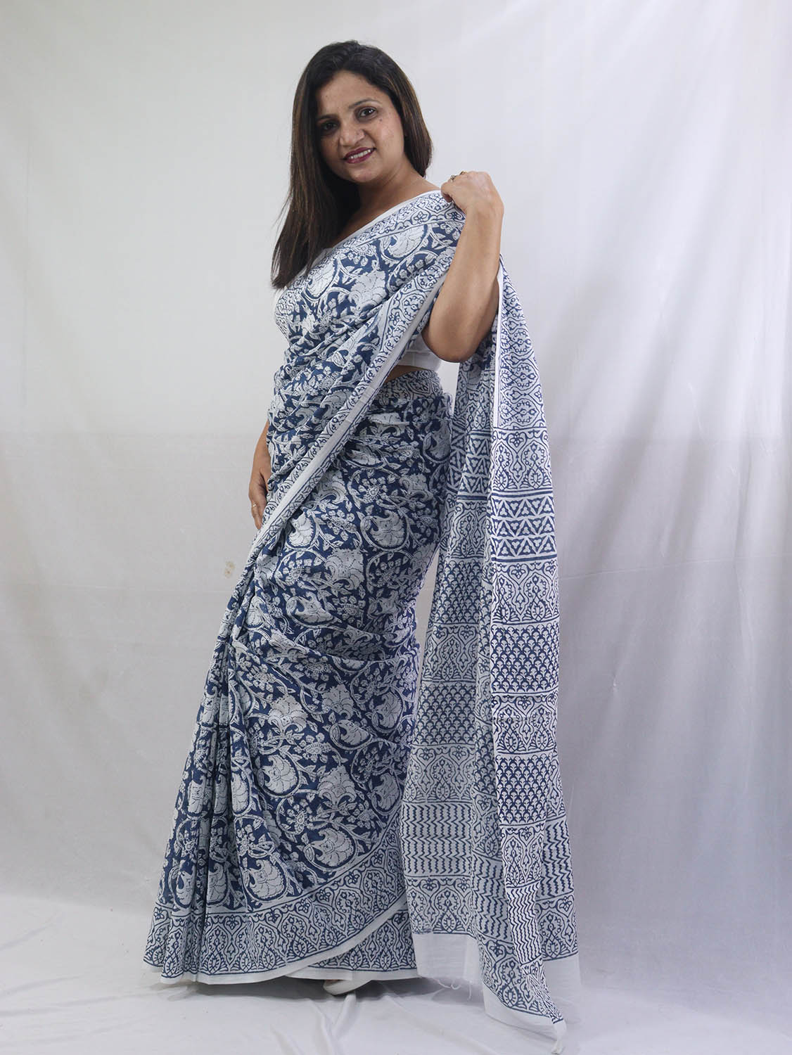 Stylish Blue Block Printed Cotton Saree for Elegant Look - Luxurion World
