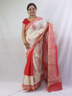 Handcrafted Red Cotton Saree with Block Print Design - Luxurion World