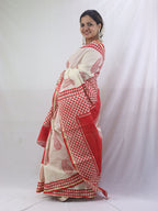 Handcrafted Red Cotton Saree with Block Print Design - Luxurion World