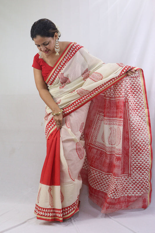 Handcrafted Red Cotton Saree with Block Print Design - Luxurion World