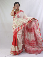 Handcrafted Red Cotton Saree with Block Print Design - Luxurion World