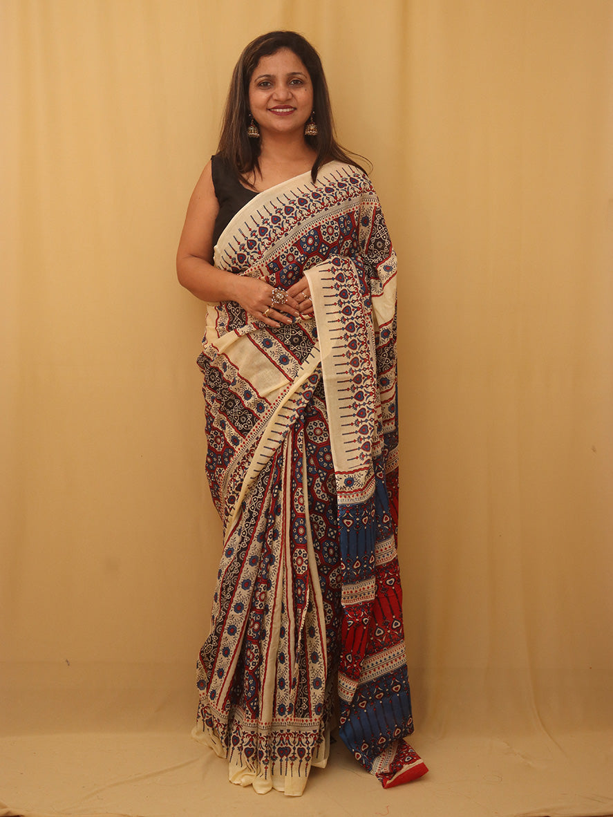 Multicolor Block Printed Cotton Saree - Luxurion World