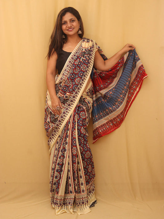 Multicolor Block Printed Cotton Saree - Luxurion World