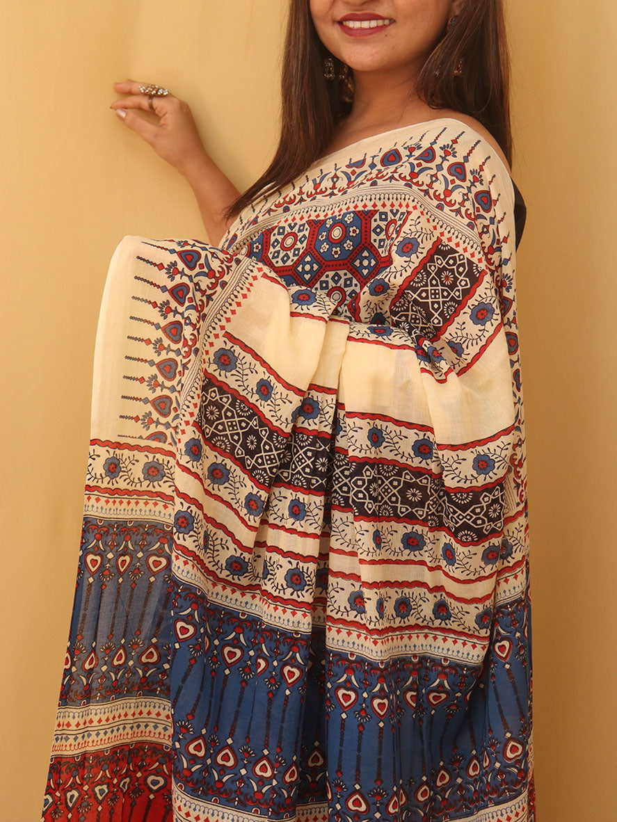 Multicolor Block Printed Cotton Saree - Luxurion World