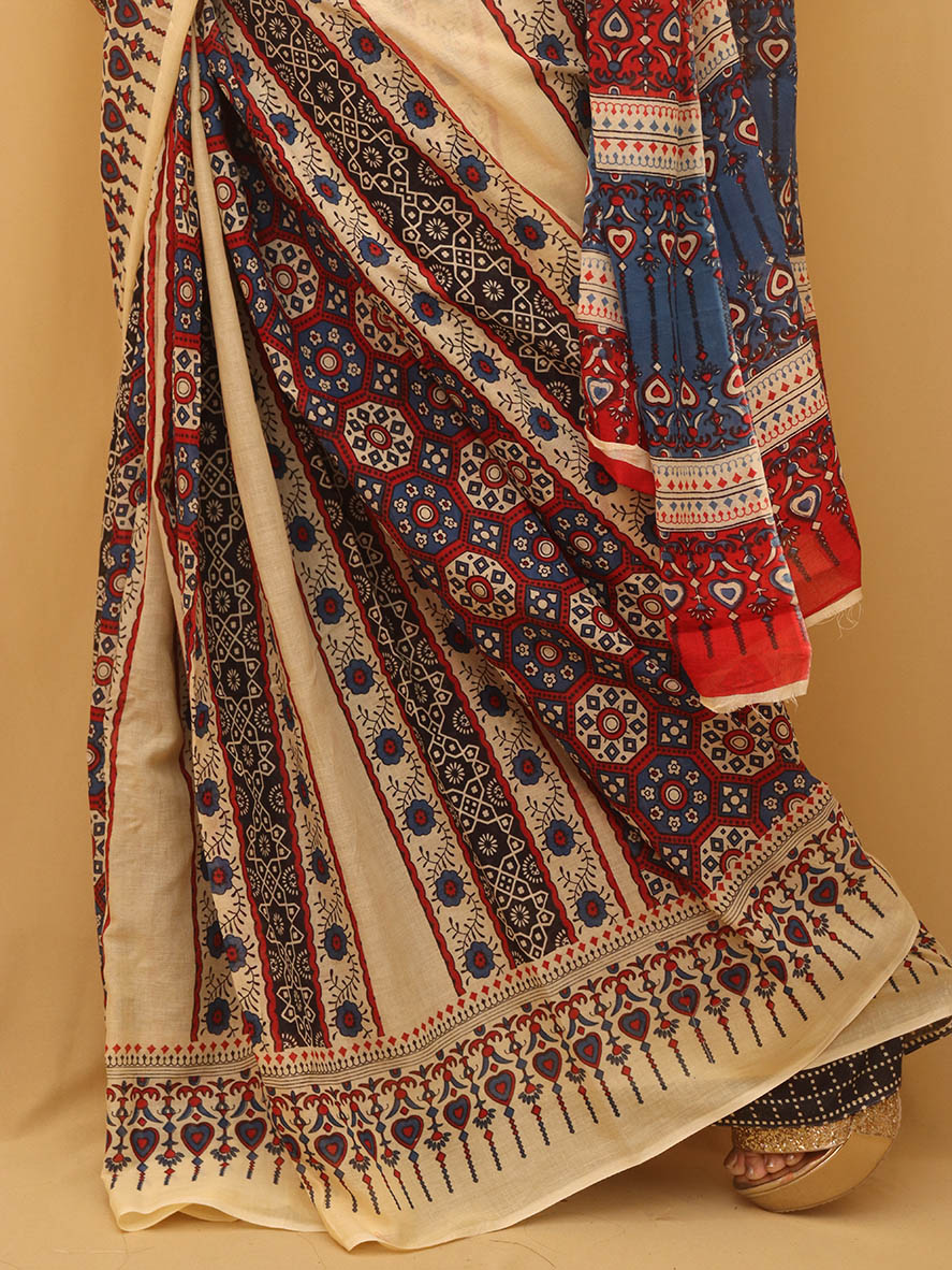 Multicolor Block Printed Cotton Saree - Luxurion World