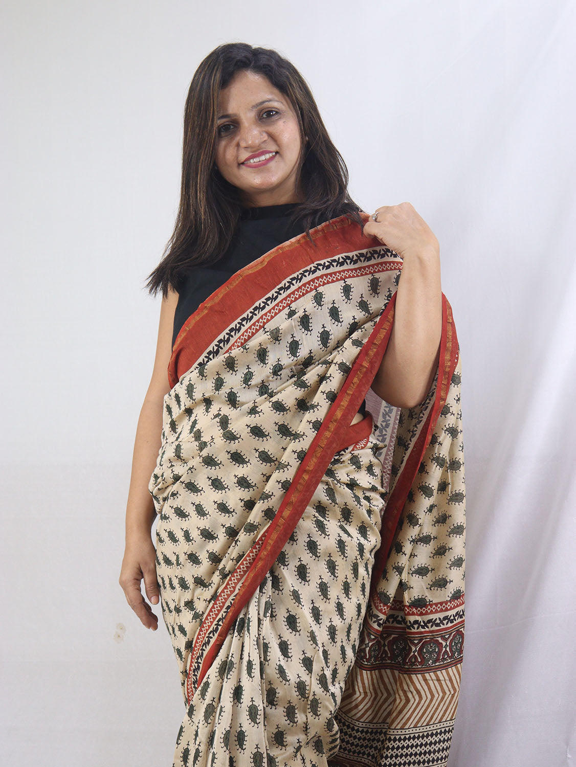 Beige Chanderi Silk Block Printed Saree GOVCH01 main image 1