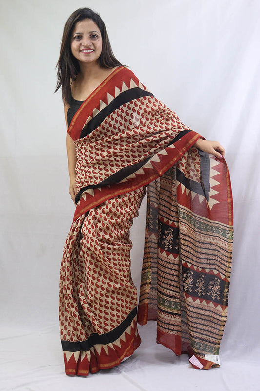 Stunning Multicolor Block Printed Chanderi Silk Saree - Perfect for Any Occasion! - Luxurion World