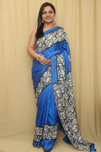 Stunning Blue Block Printed Murshidabad Silk Saree - Luxurion World