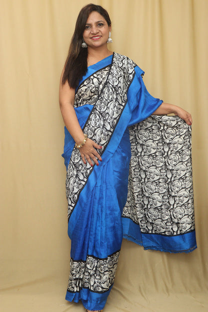 Stunning Blue Block Printed Murshidabad Silk Saree - Luxurion World