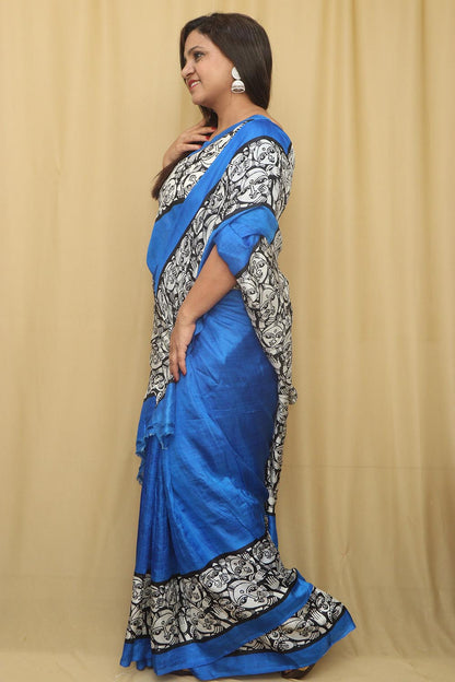 Stunning Blue Block Printed Murshidabad Silk Saree - Luxurion World