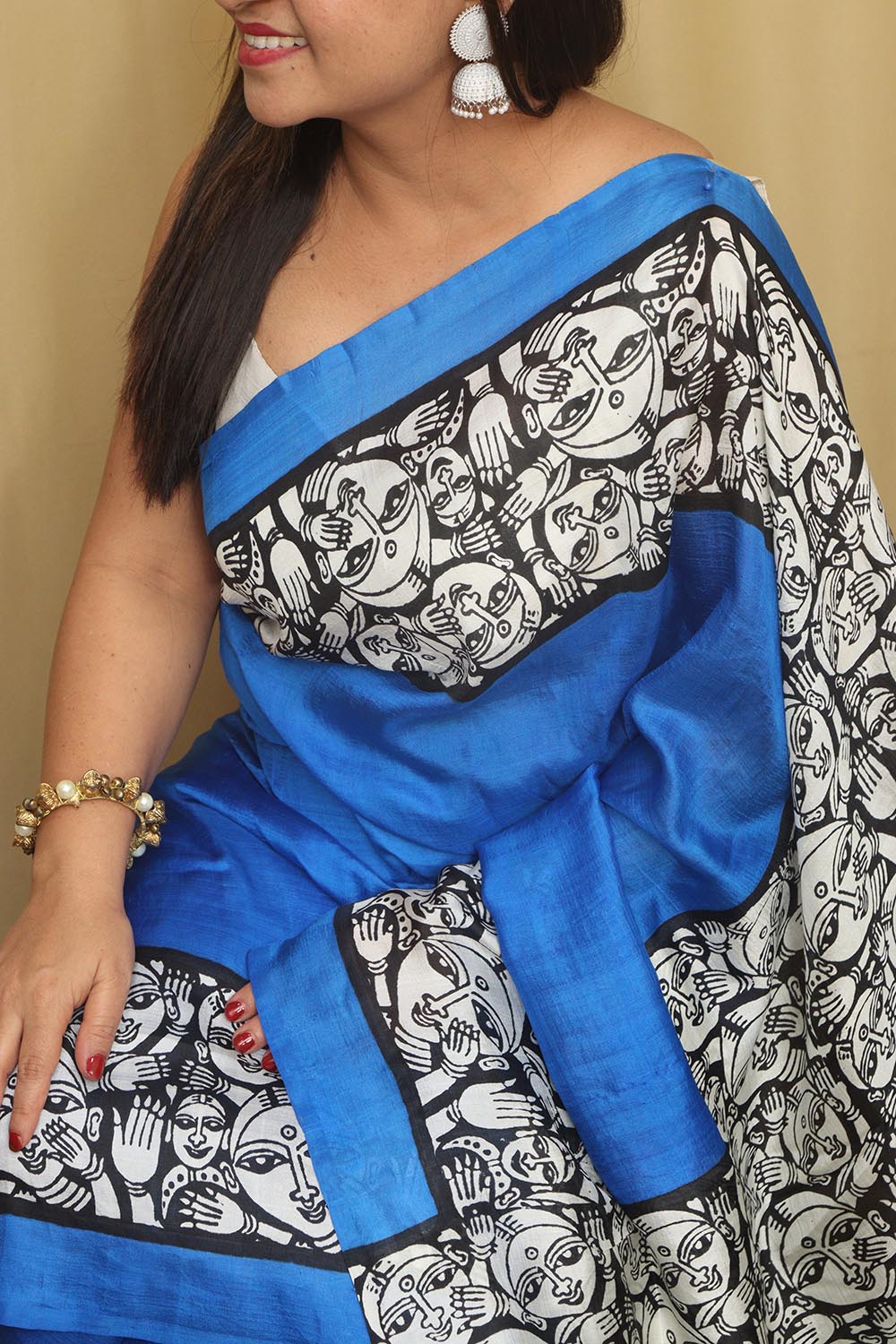 Stunning Blue Block Printed Murshidabad Silk Saree - Luxurion World