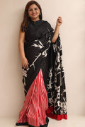Elegant Black And Red Block Printed Murshidabad Silk Saree - Luxurion World