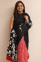 Elegant Black And Red Block Printed Murshidabad Silk Saree - Luxurion World