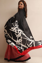 Elegant Black And Red Block Printed Murshidabad Silk Saree - Luxurion World