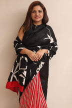 Elegant Black And Red Block Printed Murshidabad Silk Saree - Luxurion World
