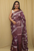 Purple Block Printed Tussar Cotton Silk Saree - Luxurion World