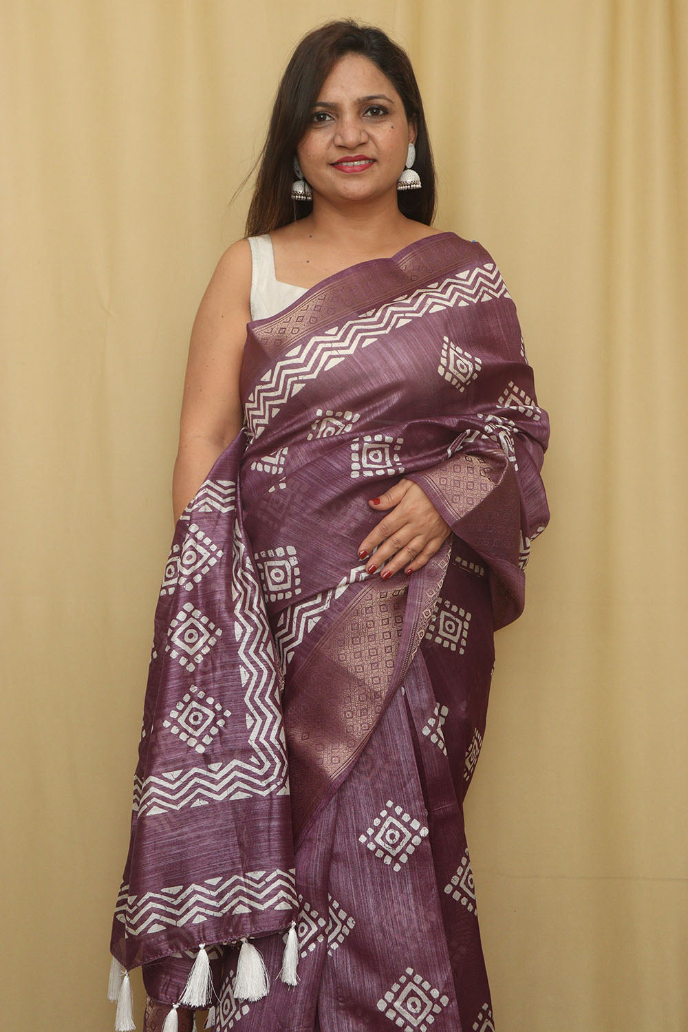 Purple Block Printed Tussar Cotton Silk Saree - Luxurion World