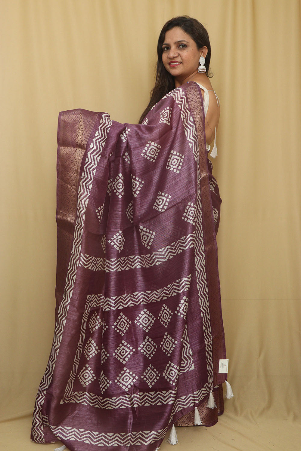 Purple Block Printed Tussar Cotton Silk Saree - Luxurion World