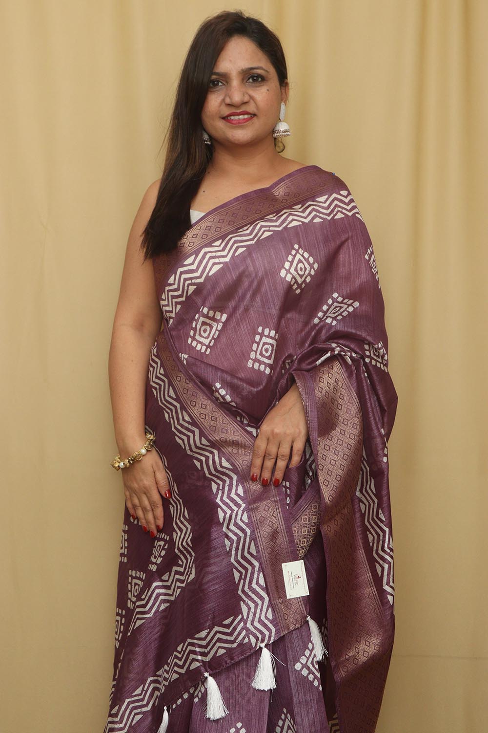 Purple Block Printed Tussar Cotton Silk Saree - Luxurion World