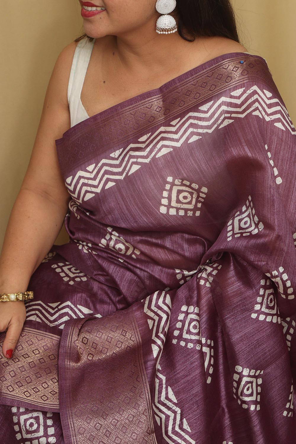 Purple Block Printed Tussar Cotton Silk Saree - Luxurion World