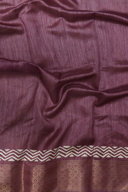 Purple Block Printed Tussar Cotton Silk Saree - Luxurion World
