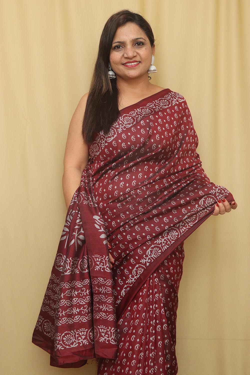 Elegant and Timeless - Maroon Block Printed Cotton Silk Saree - Luxurion World