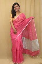 Pink Handloom Bengal Tussar Cotton Silver Zari Stripe Design Saree - Luxurion World