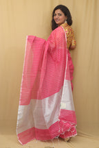 Pink Handloom Bengal Tussar Cotton Silver Zari Stripe Design Saree - Luxurion World