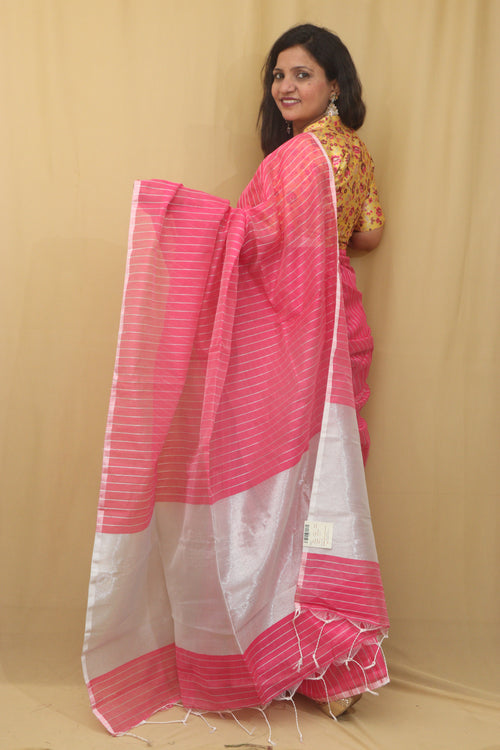 Pink Handloom Bengal Tussar Cotton Silver Zari Stripe Design Saree - Luxurion World