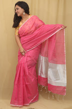Pink Handloom Bengal Tussar Cotton Silver Zari Stripe Design Saree - Luxurion World