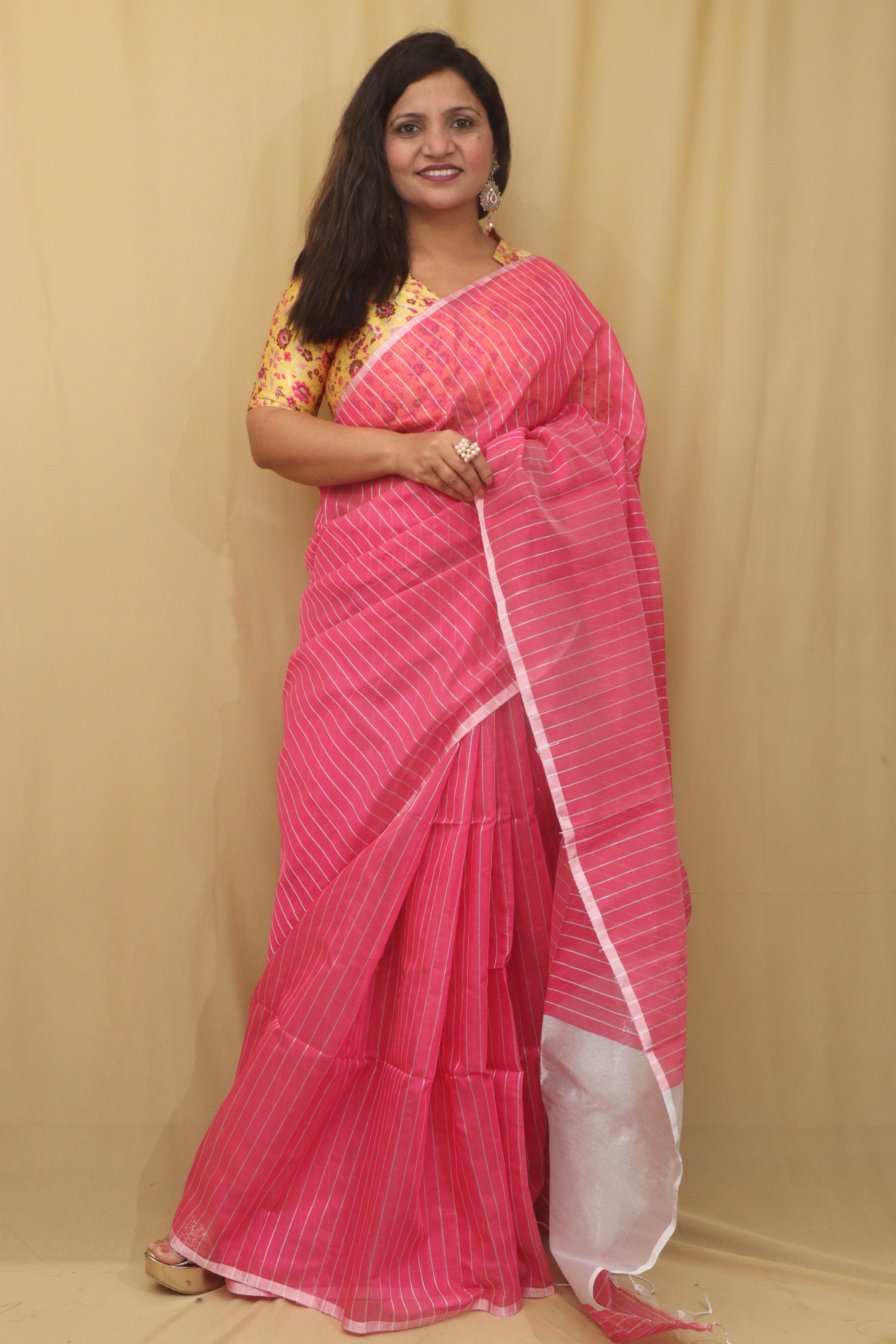 Pink Handloom Bengal Tussar Cotton Silver Zari Stripe Design Saree - Luxurion World