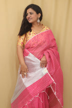 Pink Handloom Bengal Tussar Cotton Silver Zari Stripe Design Saree - Luxurion World